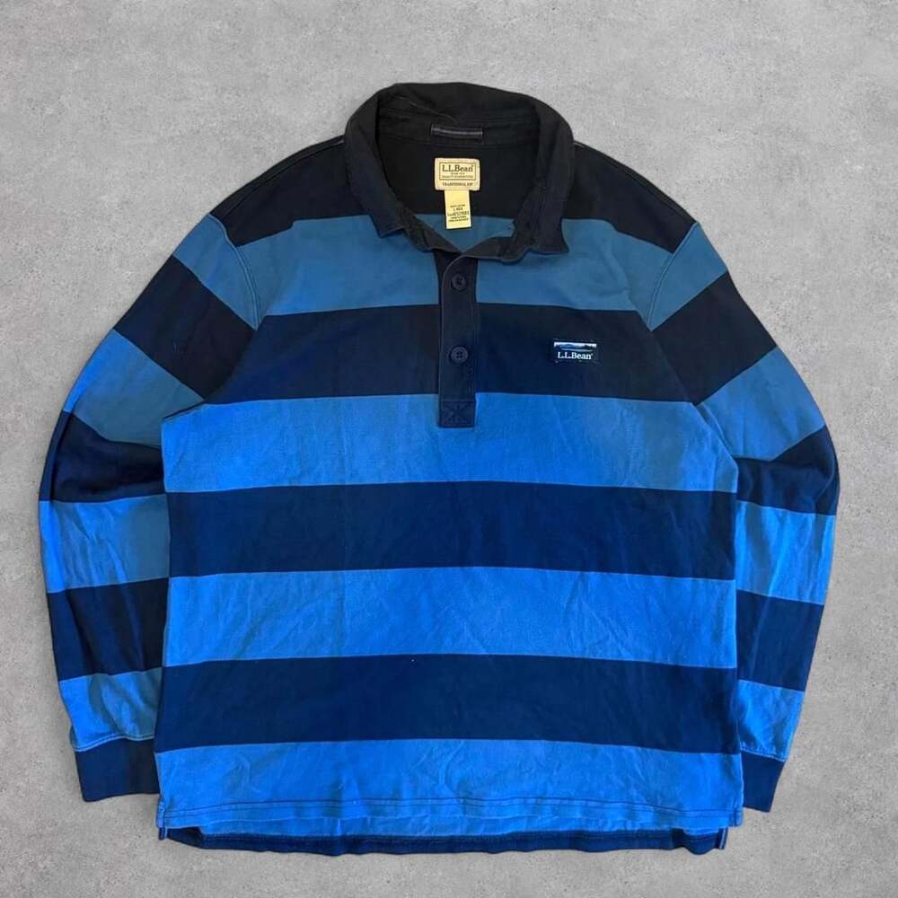L.L.Bean Blue Striped Long Sleeve Rugby Polo Shirt